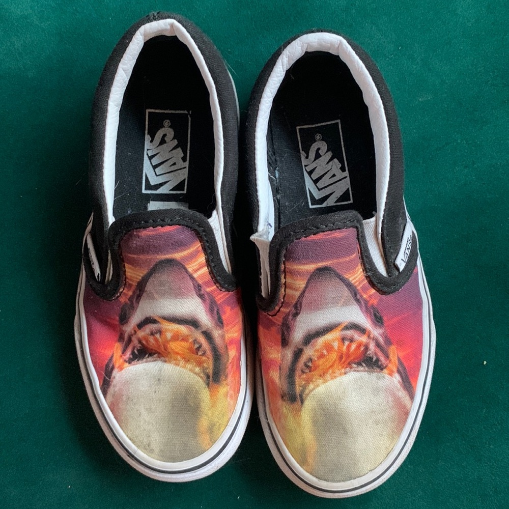 Flaming shark slip on vans